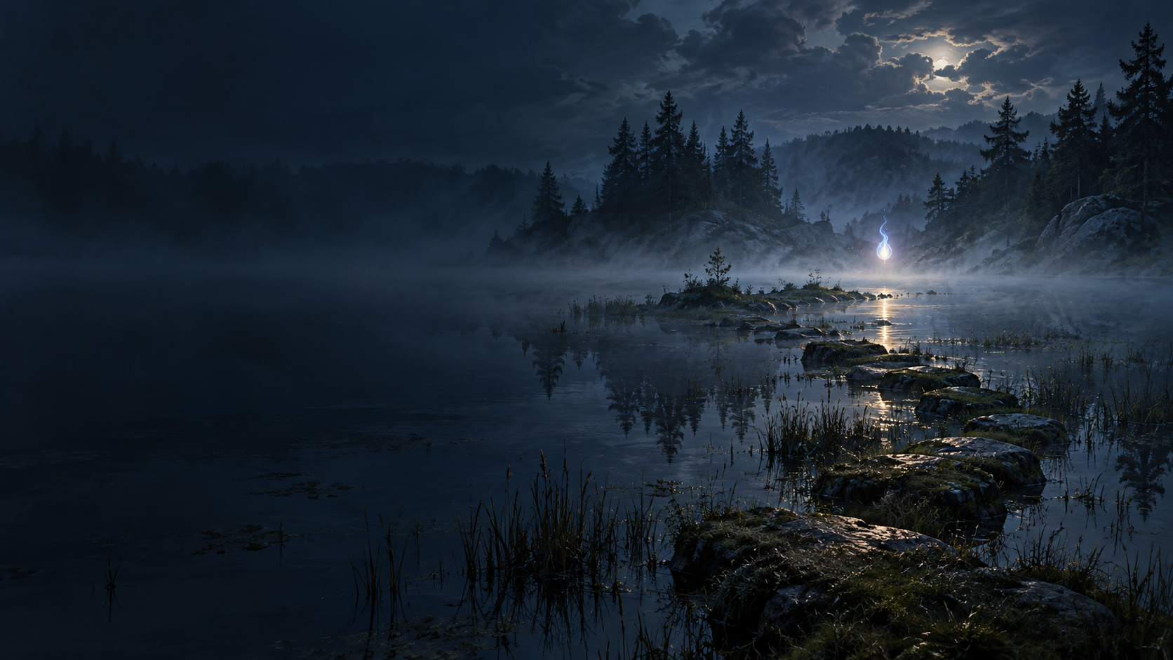 A small wisp of light above a marsh at dusk, with a stone path between the water and forest.